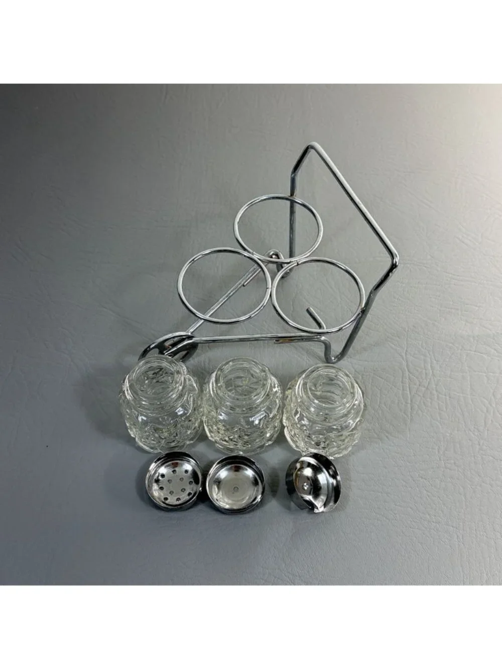 Mid Century Diamond Cut Glass Cruet Caddy Set Novelty Chrome Wheelbarrow 6